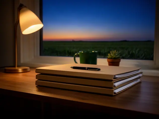 A neat stack of closed manila folders and a pen on a desk by a window.