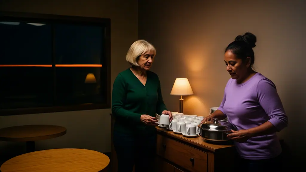 A woman with short ash-blonde hair and reading glasses pushed up on her head who owns a small independent motel at work.